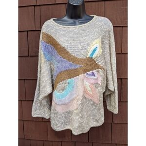 Vintage 90s grey tan crew neck dolman sleeve lightweight knit sweater